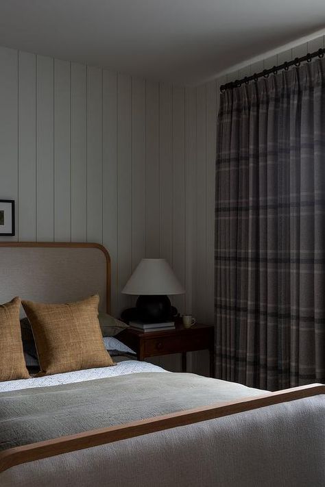 Bedroom features a gray bed with wood trim and orange linen pillows and gray plaid curtains. Modern European Home, Plaid Curtains, Light And Dwell, Big Boy Room, Boys Bedrooms, Boy's Bedroom, Boys Room, Interior Design Firms, Interior Design Studio