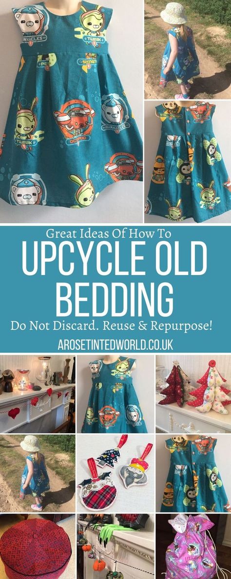 Upcycling Old Bedding - some great ideas & ways to recycle, repurpose or reuse old bed clothes, sheets & duvet covers. Be sustainable & make something new! Sewing ideas and tutorials on how to reuse instead of sending to landfill. Ecofriendly and zero waste. #sewingprojects #zerowaste #upcycling #repurpose #reuse #upcyclingbedding #upcyclongoldbedclothes Repurpose Sheets, Upcycling Ideas Clothes, Bed Clothes, Old Bed Sheets, Plastic Free Life, Old Sheets, Fabric Christmas Trees, Old Pillows, Fabric Hearts