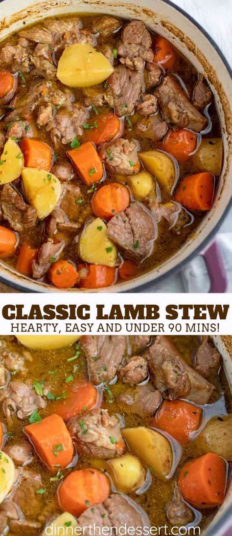 Lamb Stew is hearty and comforting, made with carrots, potatoes, and lamb in a seasoned broth, started on the stovetop and finished in the oven in under 90 minutes! #irish #stpatricks #recipes #hearty #soup #chowder #stew #lamb #dinnerthendessert Lamb Recipes Crockpot, Cabbage Soup Crockpot, Irish Lamb Stew, Lamb Casserole, Stew Dinner, Lamb Stew Recipes, Lamb Dinner, Dinner Then Dessert, Lamb Chop Recipes