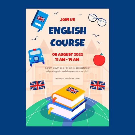 English Day Poster, English Posters Design, English Course Poster Design, Educational Advertisement, School Club Poster, Retreat Flyer, English Classes For Kids, Learn English Kid, English Poster