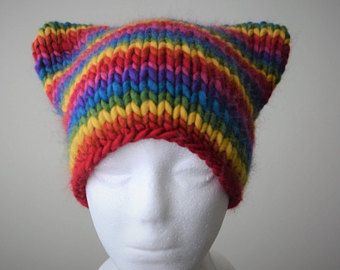 Knit Cat Hat, Hat With Cat Ears, Crochet Cat Beanie, Basic Accessories, Knit Cat, Cap Crochet, Crochet Cat Hat, Cat Eared Beanie, Rainbow Hats