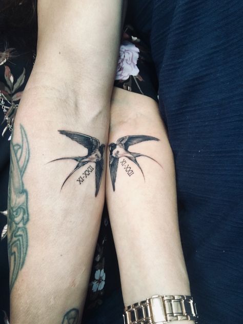 Swallow Tattoo Couple, Couples Swallow Tattoo, Bird Matching Tattoos, Swallow And Flower Tattoo, Matching Bird Tattoos, Love Bird Tattoo Couples, Swallow Bird Tattoos, Couples Tattoos, Swallow Tattoo