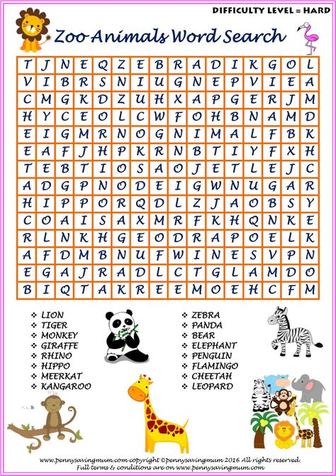 Zoo Animals Word Search (Hard Version) Easy Word Search, Free Word Search Puzzles, Kids Word Search, Free Word Search, Reading Log Printable, Reading Comprehension For Kids, Graphic Communication, Free Kids Coloring Pages, Word Search Printables