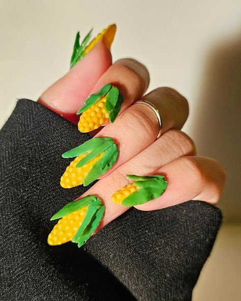 Corn Nails, Uñas Cute, Food Nails, Brat Style, French Alps, 3d Nail Art, Cute Aesthetic, 3d Nails, Almond Nails