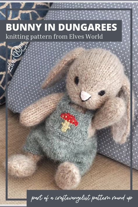 This adorable knit bunny pattern from Elves World is the perfect pattern to knit up for a baby shower gift! With instructions for the delightful dungarees as well as a cute little beret, this sweet little bunny will make a cherished handmade gift! Find the link to this pattern and more great #KnitAndCrochetBabyPatterns in the #PatternRoundUp by #CraftEvangelist #Yarn #Crafts #AmigurumiPattern #KnitBunnyPattern #BabyKnittingPatterns Baby Bunny Toy, Casting Off Knitting, Knit Coaster, Bunny Knitting Pattern, Fair Isles, Bunny Outfit, Knitted Animals, How To Purl Knit, Pdf Knitting Pattern