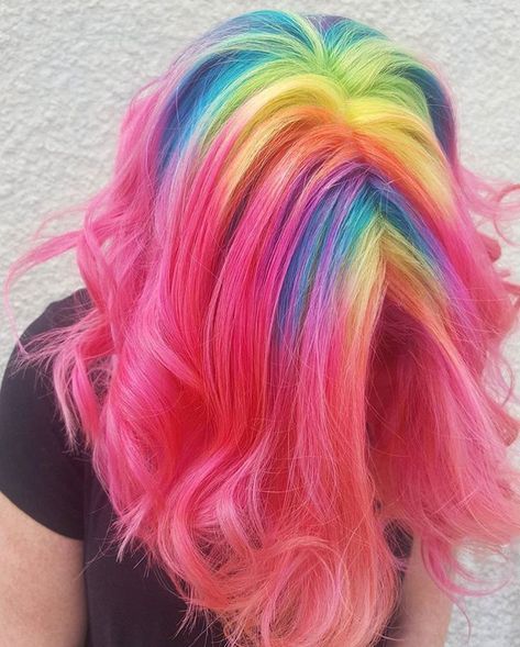 Rainbow Highlights, Hair Rainbow, Multicolored Hair, Rainbow Hair, Pink Hair, Bright Colors, Highlights, Rainbow, Hair