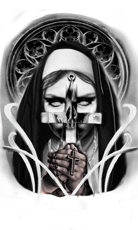 Demonic Nun Tattoo Design, Bad Nun, Cathedral Tattoo, Mouth Tattoo, Skull Rose Tattoos, Realistic Tattoo Sleeve, Evil Tattoos, Mommy Tattoos, Creepy Drawings