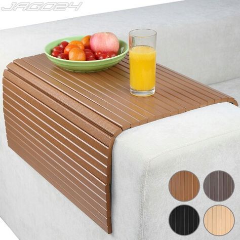 Wooden arm rest. I'd love to get rid of my heavy coffee table that takes up all the space in the room and use this instead! Sofa Arm Covers, Couch Arm Table, Sofa Arm Table, Dining Room Chair Slipcovers, White Chair Covers, Dining Room Chair Covers, Orange Chair, Wooden Armchair, Bamboo Tray