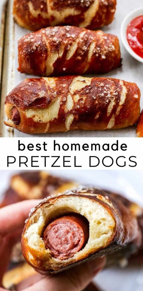 Homemade Pretzel Dogs, Pretzel Hot Dog Buns, Pretzel Dogs Recipe, Almond Joy Bites, Hot Dog Buns Recipe, Homemade Pretzel, Pretzel Dogs, Pretzel Dough, Pretzel Bun