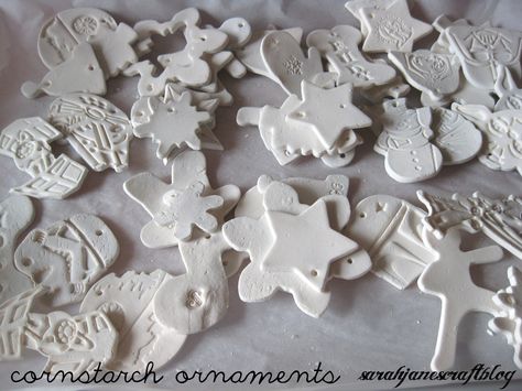 Sarah Jane's Craft Blog: Cornstarch Dough Ornaments White Dough Ornaments, Ornament Dough Recipe Corn Starch, Homemade Clay Ornaments Recipe, Pretty Salt Dough Ornaments, Glitter Salt Dough Ornaments, Cornstarch Clay, Cornstarch Dough, Salt Dough Christmas Ornaments, Clay Christmas Decorations