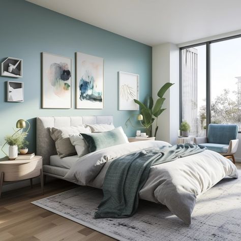 What Accent Colors Go with Light Blue Walls? - The Paint Color Project Bedroom With Teal Accents, Teal Accent Wall Bedroom, Light Teal Bedroom, Teal Blue Bedroom, Light Teal Paint, Romantic Bedroom Decor Ideas, Bedroom Teal, Light Blue Bedroom, Teal Accent Walls