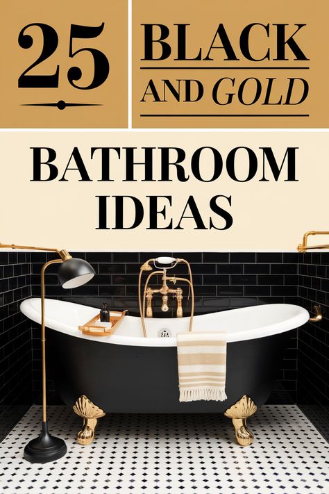 Black and gold bathrooms offer a unique blend of luxury and drama.  Explore matte black tiles, gold fixtures, and metallic accents. Discover black marble countertops, gold-framed mirrors, and elegant black bathtubs.  Find inspiration for gold shower heads, black and gold wallpaper, and opulent lighting fixtures to design a sophisticated and glamorous bathroom that exudes luxury and style. These ideas are sure to inspire you to create a bathroom that's truly your own. Black Gold Bathroom Ideas, Black And Gold Bathroom Ideas, Gold Bathrooms, Gold Bathroom Ideas, Glam Bathroom Ideas, Black And Brass Bathroom, Black Gold Bathroom, Black And Gold Wallpaper, Black Marble Countertops