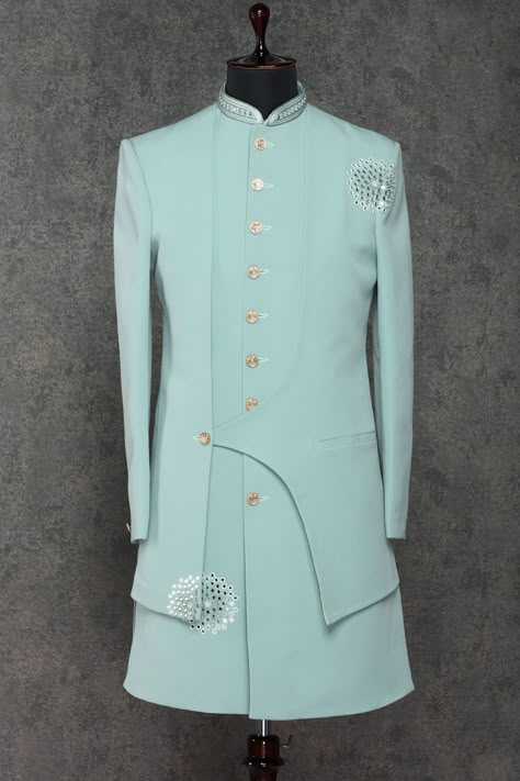 Buy Ice Blue Mirror Embroidered Italian Indowestern Sherwani Online | Samyakk Dresses For Boys, Indowestern Sherwani, Sherwani For Men Wedding, Groom Fashion, Stylish Wedding Dresses, Dress Suits For Men, Blue Mirror, Contemporary Wedding, Stylish Boys