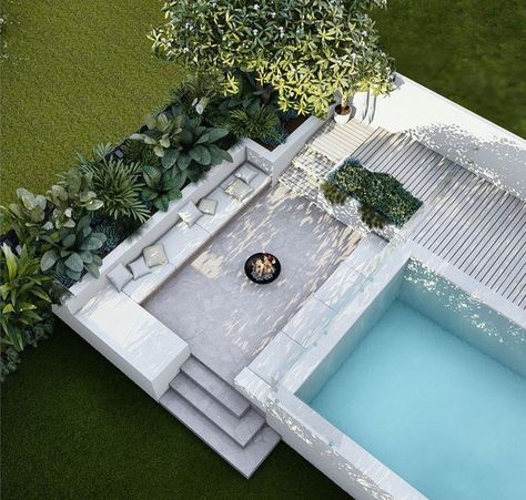 Emma Doman on Instagram: "A sloping site provided the perfect opportunity for a sunken little seating area at the end of the pool. Cosy! This family will enjoy many gatherings in this space over the years." Sunken Seating, Homemade Pools, Pools Backyard Inground, Pools Backyard, Tropical Pool, Backyard Pool Landscaping, Pool Lounge, Small Pools, Modern Backyard