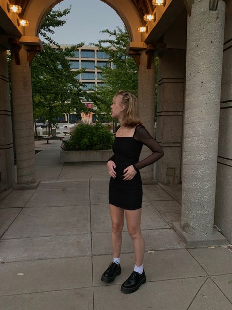 Homecoming Dresses With Doc Martens, Black Dress With Docs, Dress With Docs, Dress With Doc Martens, Black Homecoming Dress, All Black Dresses, Hoco Dress, Hoco Dresses, Doc Martens