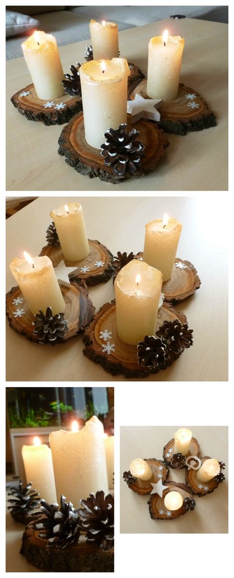 Log Slice Centerpiece Christmas, Log Slice Decorations, Wood Slices Decor, Wood Slices Centerpiece, Tree Slices Ideas Diy Projects, Log Slices Ideas, Log Slice Crafts, Wood Slice Candle Holder, Drawing Gifts