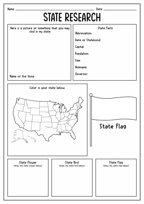 Social Studies Crafts Elementary, History 3rd Grade, Social Studies Worksheets For 3rd Grade, State Research Template, Social Studies Centers 3rd Grade, Research Paper Outline Template Elementary, My State Project, State Facts Printable, Imagery Activities 3rd Grade