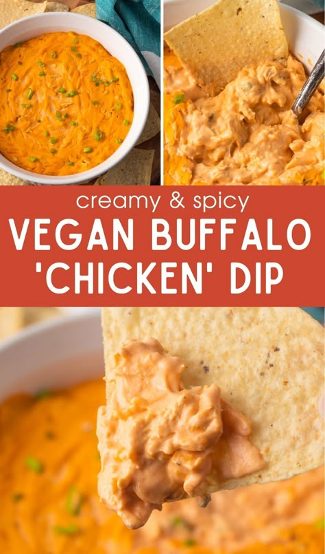 Creamy and spicy Vegan Buffalo Chicken Dip. All of the classic flavors without the dairy and meat. There are only 5 components to this dip: shredded vegan chicken, vegan cream cheese, vegan ranch, hot sauce, and shredded vegan cheese. Vegan Buffalo Chicken Dip, Vegan Buffalo Chicken, Chickpea Dip, Buffalo Chickpea, Vegan Apps, Vegan Appetizer, Vegan Dips, Vegan Party Food, Vegan Dip