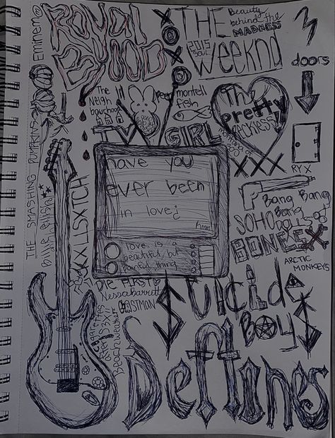 Emo Drawing Sketchbook, Grunge Sketch Ideas, Drawing Ideas Music, Graffiti Notebook, Things To Draw In Your Sketchbook Grunge, Drawing Inspo Sketch Aesthetic Grunge, Edgy Drawings Aesthetic, Doodle Art Journals Sketchbooks, Grunge Journal