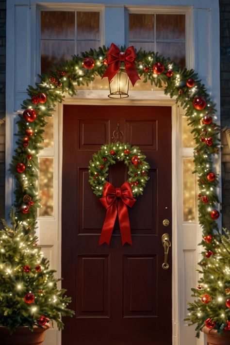 Around Door Christmas Decorations, Christmas Doorway Decorations, Christmas Door Decoration Ideas, Christmas Door Hangers, Holiday Luncheon, Christmas Hallway, Door Decoration Ideas, Lush Christmas, Christmas Door Decoration