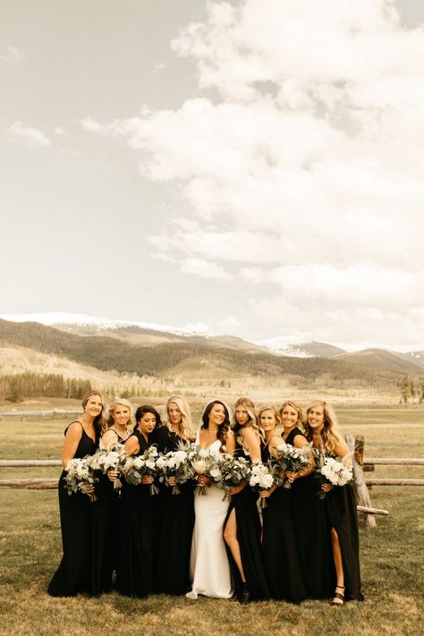 Revelry Bridesmaid Dresses Black, Country Wedding Black Bridesmaid Dresses, Black Bridesmaid Dresses Country, Western Wedding With Black Bridesmaid Dresses, Taupe And Black Wedding Party, Black Western Bridesmaid Dresses, Black And Tan Bridesmaid Dresses, Black And Cream Boho Wedding, Shades Of Black Bridesmaid Dresses