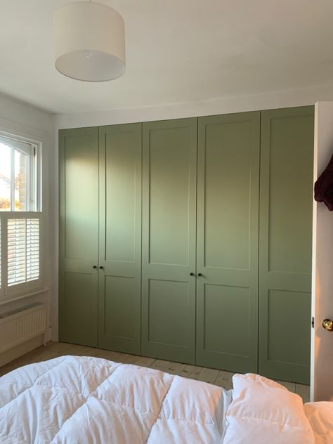 These wardrobe doors have transformed the room - painted in Dulux - Dried Sage, satin finishes with Dowsing & Reynolds knobs @duluxuk @dowsingreynolds Green Closet Doors Bedrooms, Paint Built In Wardrobe, Green Bedroom Cupboard, Green Door Bedroom, Sage Wardrobe Bedroom, Sage Green Built In Wardrobe, Painted Cupboards Bedroom, Sage Green Bedroom Wardrobe, Painted Wardrobe Ideas Bedrooms