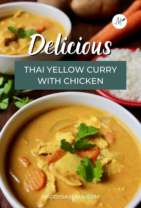 Craving a Thai yellow curry with chicken? This authentic Thai yellow chicken curry is a perfect blend of spicy, creamy, and flavorful ingredients. Serve it over rice and garnish with cilantro for an amazing meal. Learn how to make this authentic Thai yellow curry today! Instant Pot Yellow Curry, Yellow Curry Soup, Thai Yellow Curry Recipe, Chicken Potatoes And Carrots, Thai Yellow Chicken Curry, Yellow Chicken Curry, Yellow Curry Chicken, Yellow Curry Recipe, Thai Yellow Curry