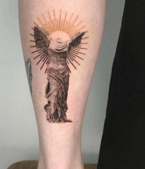 Goddess Statue Tattoo, Nike Statue Tattoo, Goddess With Wings, Nike Statue, Ancient Greek Tattoo, Victory Tattoo, Greek Goddess Tattoo, Nike Tattoo, Nike Goddess