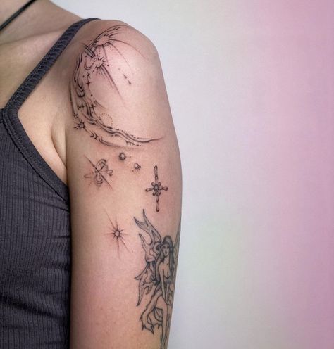 Sensitive Tattoo Areas, Tattoo On Upper Arm For Women, Space Nature Tattoo, Ethereal Sleeve Tattoo, Metaphorical Tattoos, Dreamy Tattoo Aesthetic, Celestial Shoulder Tattoo, Galaxy Shoulder Tattoo, Whimsical Tattoo Ideas