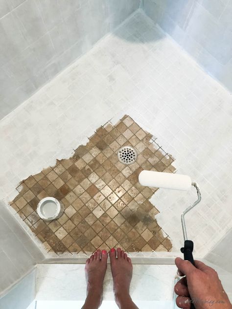 How To Paint Tile Shower Walls, How To Paint Ceramic Tile Bathroom Walls, Painting Shower Floor Tile, Painting Bathroom Shower Tile, Tile Refinishing Bathroom, Painted Tile Shower Wall, White Painted Bathroom Tile, Can You Paint Shower Tile Walls, Tile Over Shower Tile