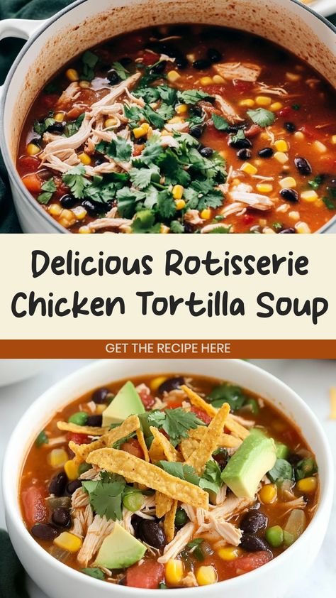 Indulge in the irresistible flavors of homemade rotisserie chicken tortilla soup with this easy recipe! Packed with tender chicken, savory spices, and crunchy tortilla strips, this comforting soup is perfect for cozy nights in or family gatherings. Whether you're looking to switch up your weeknight dinner routine or impress guests at a potluck, this hearty soup is sure to be a hit. Chx Tortilla Soup, Rotisserie Chicken Recipes Leftover Healthy Soup, Easy Chicken Tortilla Soup With Rotisserie Chicken, Chicken Tortilla Soup With Vegetables, Saltgrass Chicken Tortilla Soup, Chicken Tortilla Soup Freezer Meal, The Best Chicken Tortilla Soup Ever, Rotisserie Chicken Tortilla Soup Crock Pot, Chicken Tortilla Soup Recipes Homemade