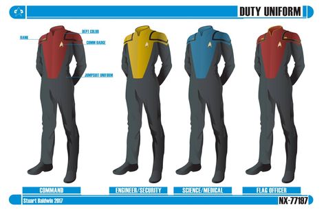 Star Trek new uniforms. Starfleet Uniform, Sci Fi Uniform, Trek Deck, Trek Ideas, Star Trek Artwork, Star Trek Rpg, Tactical Suit, Star Trek Data, Star Trek Uniforms