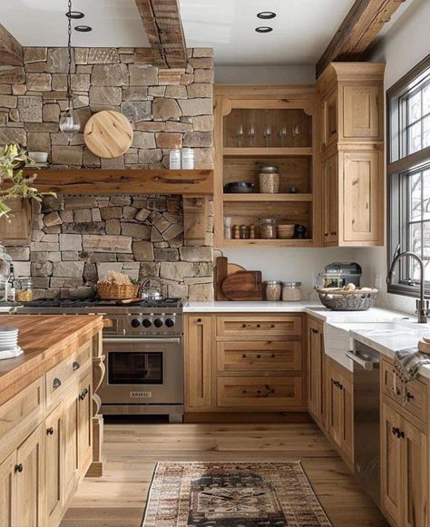 Alder Kitchen Cabinets, Hickory Kitchen, House Flip, Beauty Station, Bold Kitchen, Rustic Kitchen Cabinets, Farmhouse Kitchens, Kitchen Island Decor, Farmhouse Kitchen Design