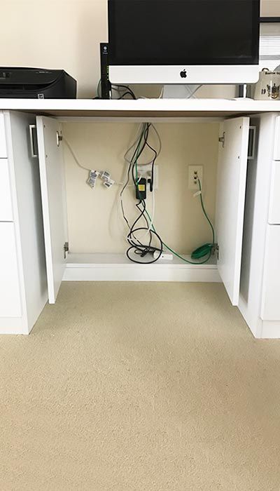 Home Office Solutions, Hide Desktop Computer, Built In Desk Cord Management, Office Storage Design, Home Office Desk Cable Management, Desk Wire Management, Computer Desk Hidden Cables, Computer Table Cable Management, Computer Table Wire Management