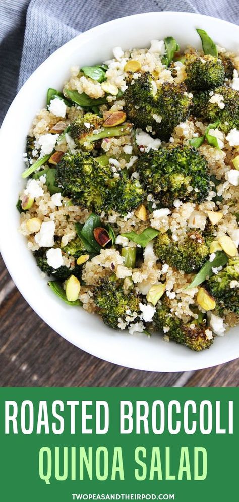 Make healthy eating easy this year with this Roasted Broccoli Quinoa Salad. It's Quinoa With Roasted Broccoli, Spinach, Pistachios, Green Onion, Lemon, And Feta Cheese. This Healthy Salad Is Great As A Side Dish Or Main Dish. Enjoy this salad for a healthy lunch or dinner!  #salad #quinoa #healthy Broccoli Quinoa Salad, Broccoli Quinoa, Light Dinners, Broccoli Spinach, Easy Healthy Eating, Diner Recept, Quinoa Salad Recipes, Dinner This Week, Roasted Broccoli