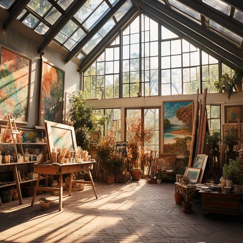 Art Studio With Windows, Art Studio Cottage, Cottagecore Art Studio, Painting Room Ideas Art Studios, Artist Studio Workspaces, Big Art Studio, Attic Art Studio, Loft Art Studio, Art Studio Aesthetic