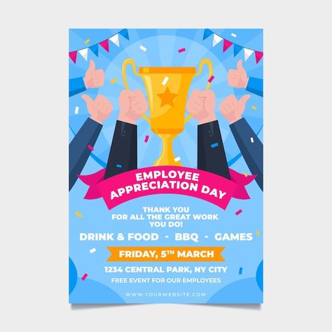 Flat employee appreciation day vertical ... | Free Vector #Freepik #freevector #flat-poster #employee-appreciation #vertical-poster #event-design Employee Day, Day Party Flyer, Employee Appreciation Day, Staff Appreciation Week, Bee Gender Reveal, Poster Template Free, Party Flyer Template, Staff Appreciation, Vertical Poster