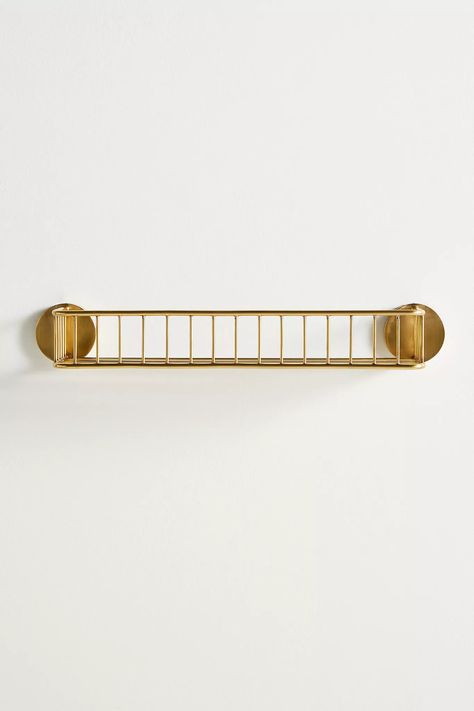 Kelly Bathroom Shelf | Anthropologie Brass Bathroom Shelf, Shower Floating Shelf, Above The Toilet Ideas, Mc Bathroom, Shelf Above Sink, Display Perfume, Rustic Bathroom Accessories, Shelves Above Toilet, Brass Shelf