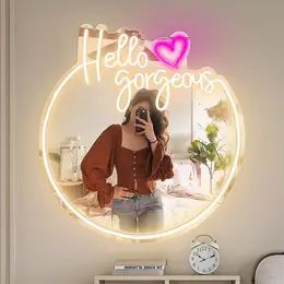 Hello Gorgeous Letter Design Neon Sign with Mirror, USB Powered LED Neon Sign, LED Light Up Sign for Wall Decor, Decorative Neon Light for Home Party Wedding #affiliate #ad  #neonsign #mirror #neonlight #neonmirror #beauty #makeup #mua #decor #ledlight Hello Gorgeous Neon Sign, Living Room Decor Aesthetic, Neon Mirror, Led Light Wall, Mirror Home Decor, Aesthetic Neon, Light Up Signs, Engagement Party Wedding, Led Neon Lighting