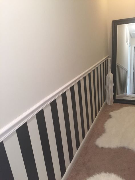 Black And White Striped Wall Living Room, Black And White Stripe Hallway, Black And White Stripe Wall, Chair Rail Hallway, Hallway With Chair, Hallway With Chair Rail, Wallpaper With Chair Rail, Chair Rail Wallpaper, Striped Bedroom Walls