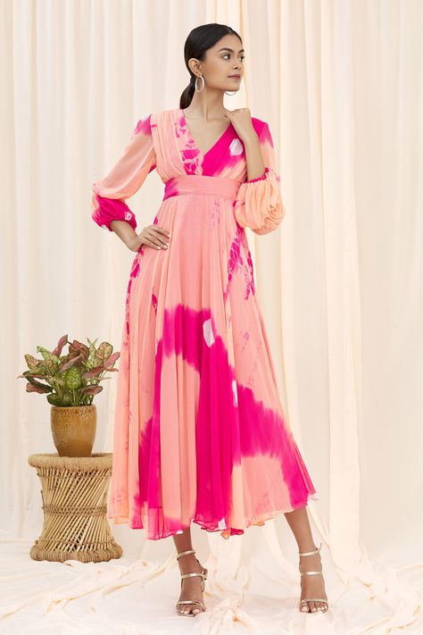 Silk Drape Dress, Shibori Dress, Midi Dress Pink, Midi Dress For Women, Cowl Dress, Gathered Dress, Georgette Dress, Frock Design, Pink Midi Dress