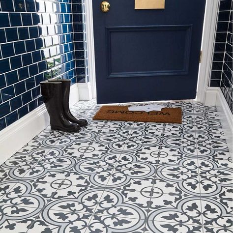 Atterly Floor Tile 450 x 450mm Blue - 1.41m2 at Homebase.co.uk Hallway Tiles Floor, Porch Tile, Tiled Hallway, White Wall Tiles, Hallway Flooring, White Tile Floor, Vinyl Floor Tiles, Patterned Floor Tiles, Tile Trends