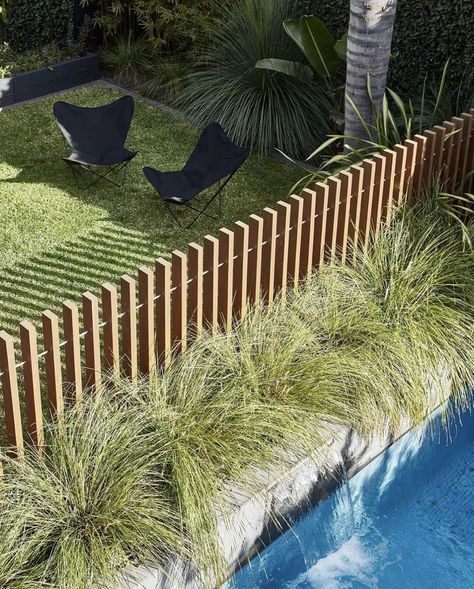 Pool Fencing Landscaping, Landscape Design Pool, Backyard Raised Garden, Calm Green, Garden Gates And Fencing, Pool Fencing, Gate Fence, Modern Fence Design, Sloped Backyard