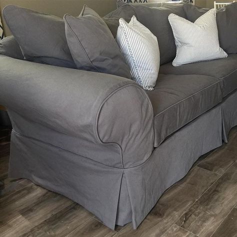 Grey Denim Sofa Slipcovers by Shelley Sofa Cover Ideas, Country Couches, Denim Sofa, Modern Home Aesthetic, Scandinavian Sofa, Couch Makeover, Couch Covers Slipcovers, Cubicle Makeover, White Slipcovers