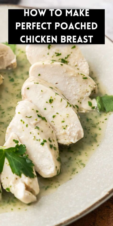 With this recipe, I will give you my tips for preparing tender, juicy Poached Chicken Breasts. When properly prepared, they are gloriously succulent. There are many ways in which you will use them; you can add them to soups, salads, sandwiches or as the primary main course ingredient. Poached Chicken Breast really is a blank canvas, allowing you to use a wide variety of flavours and textures to accompany it. This is a recipe that is worthy of a regular place in your meal plans. Best Poached Chicken, How To Poach Chicken Breast, Chicken Recipes To Freeze, Poaching Chicken, How To Poach Chicken, Poached Chicken Breast, Poach Chicken, Juicy Chicken Breast Recipes, Frozen Chicken Recipes