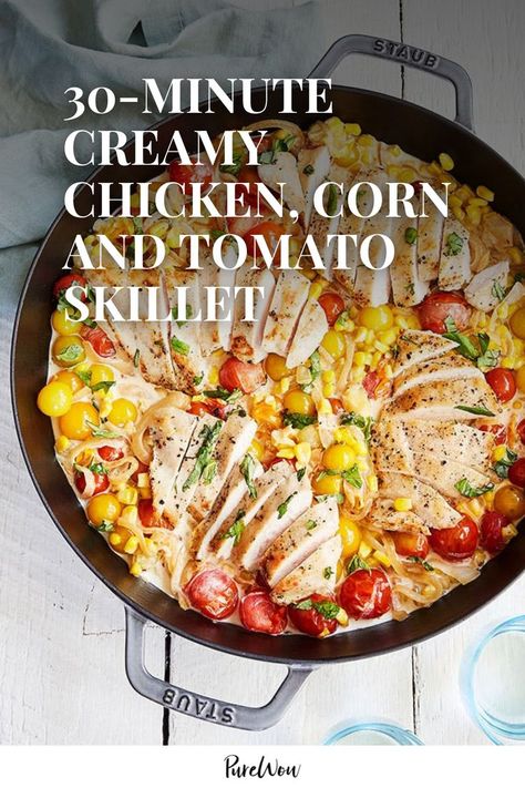 A handful of ingredients and just three simple steps are all it takes to make this 30-minute creamy chicken, corn and tomato skillet. The result? A total crowd-pleaser. Corn And Tomato, Corn Chicken, Chicken Corn, Easy Chicken Pot Pie, Creamy Corn, Winner Winner Chicken Dinner, Corn Recipes, Skillet Chicken, Chicken Recipes Casserole