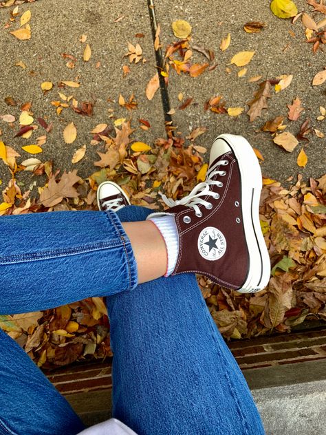 Dark Brown Converse Outfit, Brown Converse Outfit Fall, Brown Aesthetic Shoes, Brown Hightop Converse, Brown Converse High Tops Platform, Shoes For Women Aesthetic, Brown Converse Aesthetic, Brown Platform Converse, Autumn Astetic