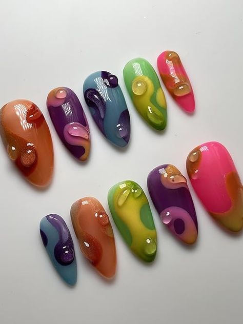 INNERBLOOM NAILS's Amazon Page Funky Press On Nails, Crazy Nail Art Unique, Lava Lamp Nails, Lamp Nails, Character Chart, Nail Designs For Summer, Nail Design Glitter, Crazy Nail Art, Funky Nail Art