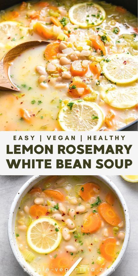 I can't wait to make some of these delicious vegan soup recipes for my family. They will surely enjoy eating a healthy meal like me! Rosemary White Bean Soup, Soup Quick, Bean Soup Recipes, Lemon Rosemary, Vegan Soup Recipes, White Bean Soup, Vegan Soups, Sopot, White Bean