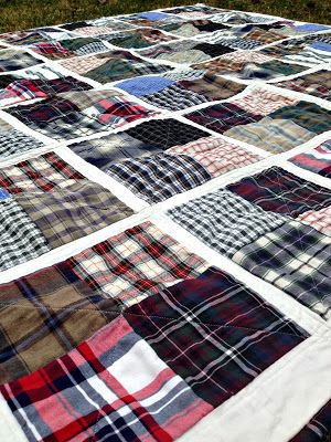 Old Shirt Quilt Ideas, Memory Quilt From Shirts, Quilts Made From Clothes, Shirt Blanket Diy Memory Quilts, Dress Shirt Quilt Patterns, Memory Quilt Ideas Layout, Quilts Using Plaid Fabric, Memory Quilt Patterns Free, Memorial Quilts From Clothes